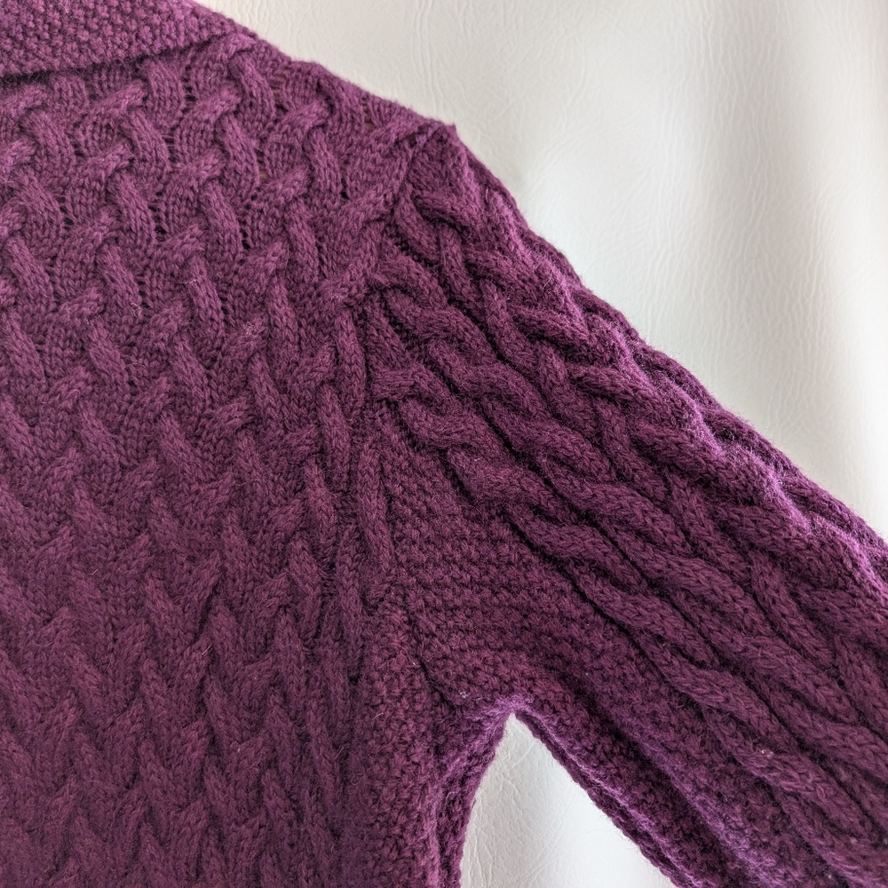 Shades Of Aran Ireland Purple Wool Fisherman Cable Knit Zipper Cardigan Sweater - Picture 8 of 13